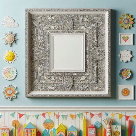 Vintage picture frame mockup in children room. 3d renderingの写真素材