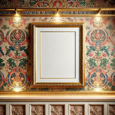 Blank picture frame on the wall in the interior of the roomの写真素材