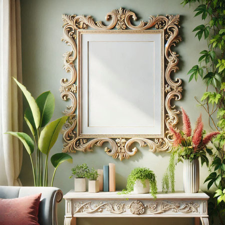 Interior of living room with furniture, plants and picture frame. 3d renderの写真素材