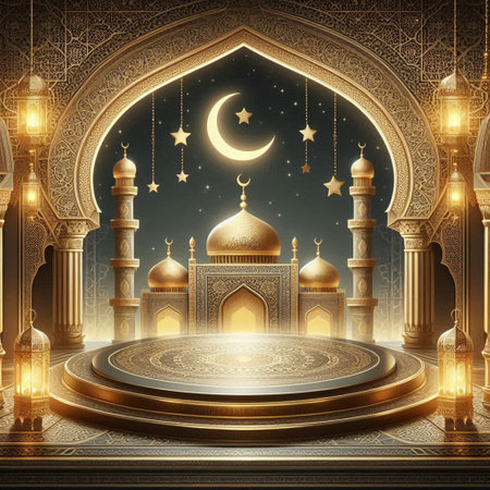 Ramadan Kareem background with mosque and crescent moon, 3d renderingの写真素材