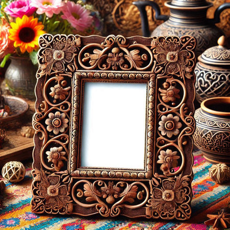 Vintage photo frame on the background of the pottery and flowers