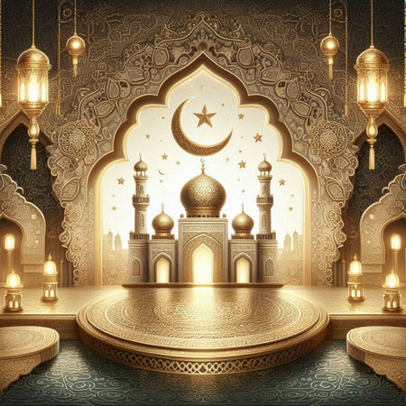 3D illustration of Ramadan Kareem background with mosque and golden carpetの写真素材