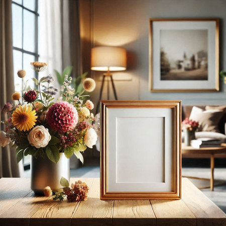 Photo frame mockup on wooden table in living room interior with flowers.