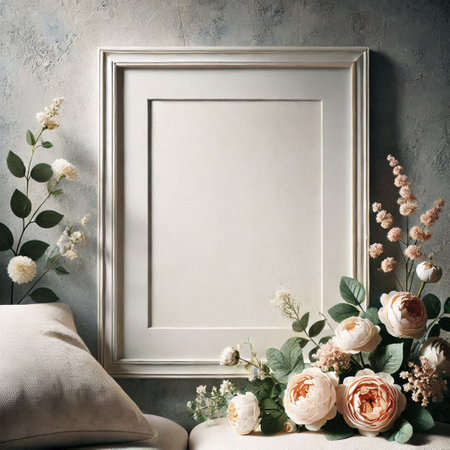 Empty picture frame mockup in interior with flowers. 3d rendering