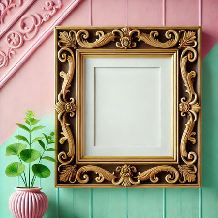 Vintage gold frame on a pink wooden background. Place for text.の写真素材