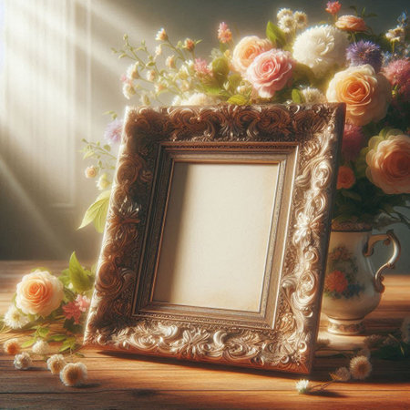 Vintage photo frame and flowers on wooden table. filtered image.の写真素材