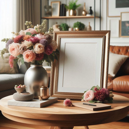Photo frame mockup with beautiful flowers in vase on wooden table