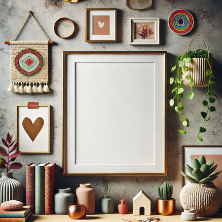 Mock up blank frame in hipster interior background. 3d render