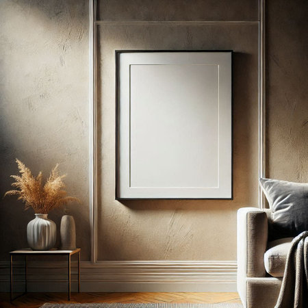 Mock up poster frame in interior background, Scandinavian style, 3D renderの写真素材