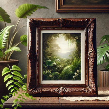 Wooden photo frame on table with tropical plants on wall background.