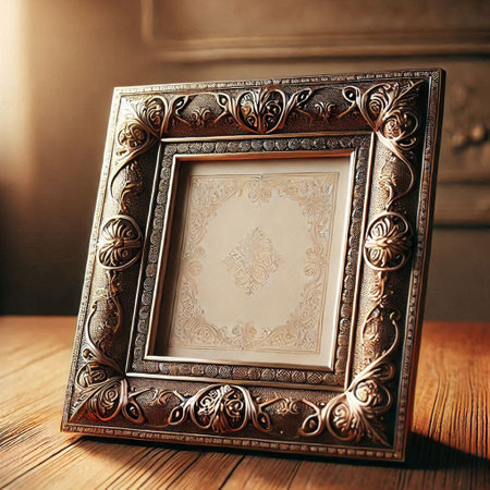Vintage photo frame on a wooden table. Close-up.の写真素材