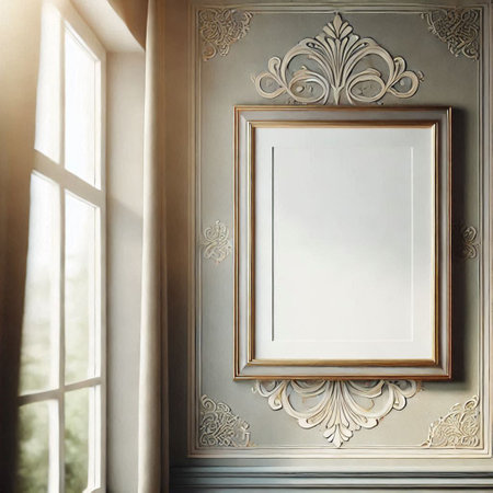 Empty picture frame on wall in classic interior with window. Mock up, 3D Renderingの写真素材
