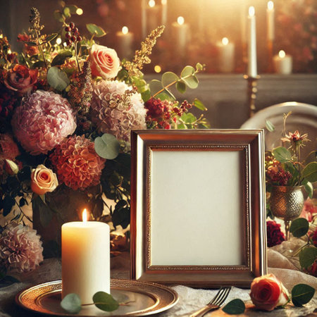 Beautiful table setting with empty photo frame and flowers. Vintage toned
