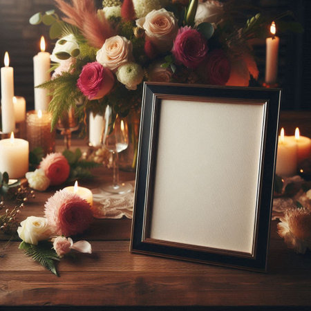 Blank photo frame mockup with flowers and candles on wooden tableの写真素材