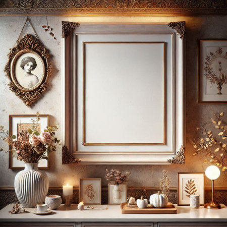 Mock up poster frame in classic interior background, 3d render illustrationの写真素材