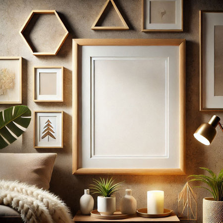 Mock up poster frame in hipster interior background, 3d renderの写真素材