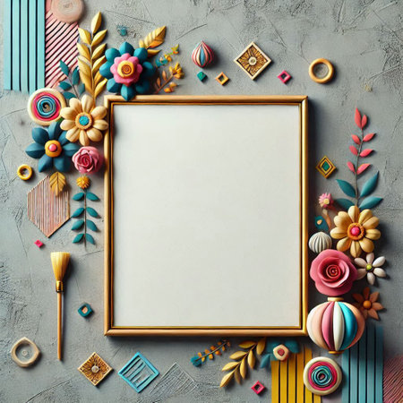 Top view of wooden frame with colorful paper flowers and decorative elements on grey background