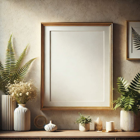 Mock up poster frame in interior background, 3D render illustrationの写真素材