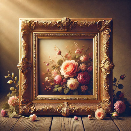 Vintage photo frame with flowers on wooden background. Photo in old color image style.の写真素材