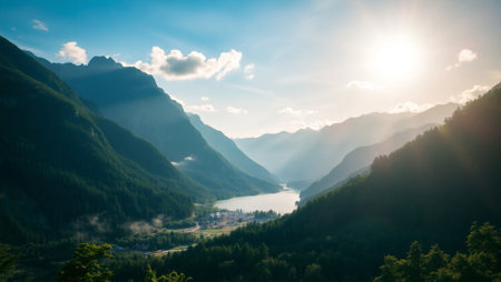 Panoramic view of the mountain lake in the Alpsの写真素材