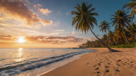 Tropical beach with palm trees at sunset, Sri Lanka.の写真素材