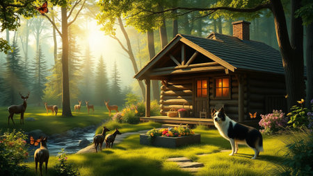 3d render of a wooden cottage in the woods with deer.の写真素材