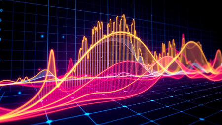 3D illustration of a sound wave with blue and pink neon lightsの写真素材