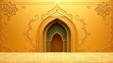 3d render of a golden background with arabic door.の写真素材