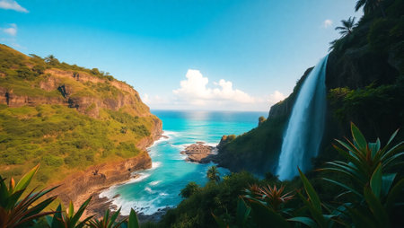 Tropical waterfall at the coast of Bali island, Indonesiaの写真素材