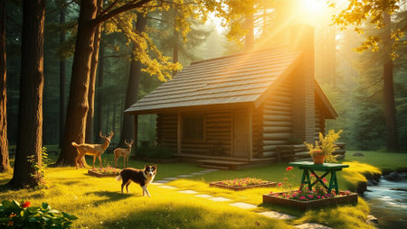 Wooden house in the forest at sunrise. Dog and deer sitting on the grass.の写真素材