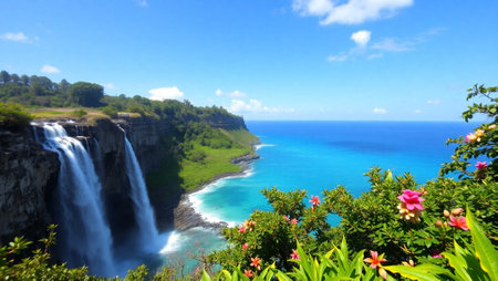 Scenic view of a beautiful waterfallの写真素材