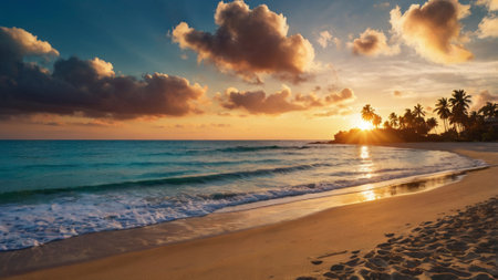 Tropical beach with palm trees at sunset. Panorama.の写真素材