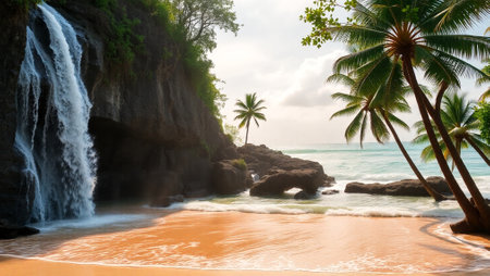 Tropical beach with palm trees and waterfallの写真素材