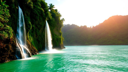 Tropical waterfall with turquoise water and sun rays.の写真素材