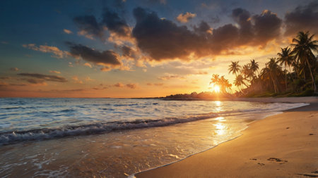 Beautiful sunset on the beach in the tropics. Panorama.の写真素材