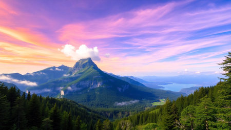 Panoramic view of a mountain at sunset.の写真素材
