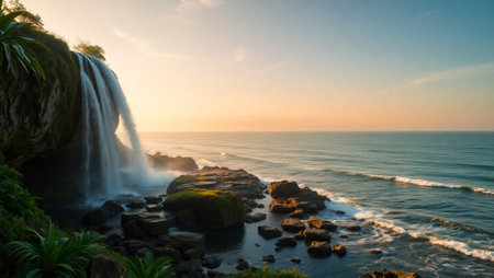 Beautiful waterfall on the ocean at sunset in Bali, Indonesiaの写真素材