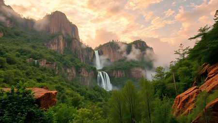 Waterfall in the forest at sunset. Waterfall in the mountainsの写真素材