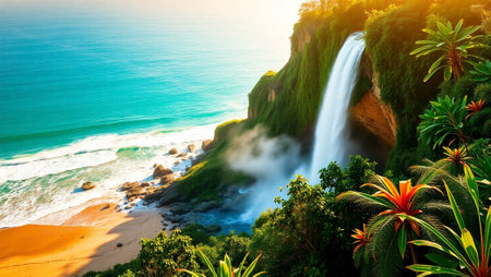 Tropical waterfall on the beach at sunset.の写真素材