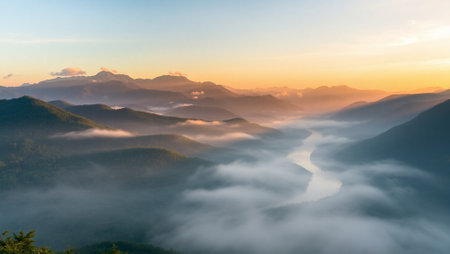Mountain landscape with fog in the morning at Doi Ang Khang, Chiang Mai, Thailandの写真素材