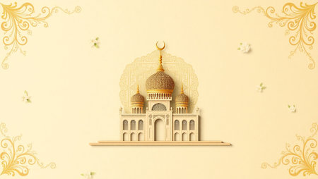 3d illustration of mosque with gold pattern on paper backgroundの写真素材