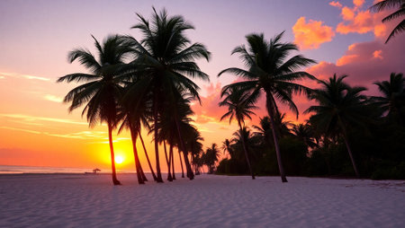 Beautiful sunset on a tropical beach with palm trees silhouettes.の写真素材