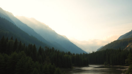 Mountain landscape with river and forest at sunset. Panoramic viewの写真素材