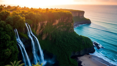 Tropical waterfall at sunset, island, Indonesia.の写真素材