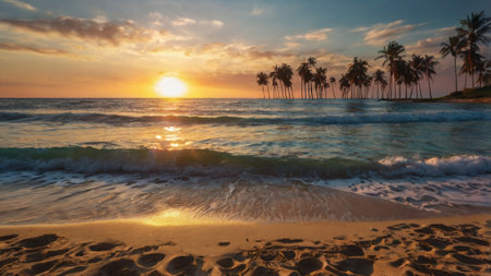 Palm trees on the beach at sunset. Beautiful tropical landscape.
