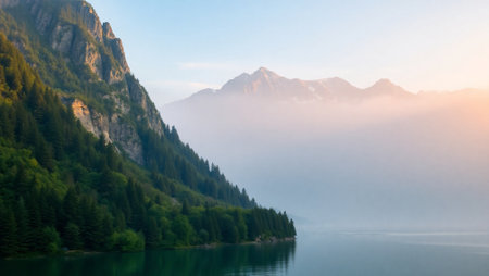 Panoramic view of the lake and the mountains in the fogの写真素材