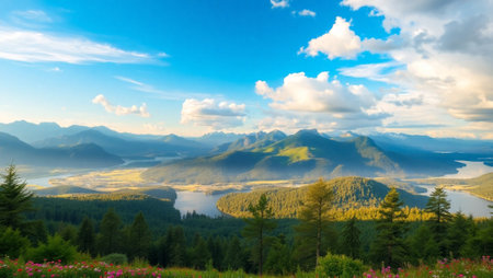 Beautiful summer landscape with mountain lake and forest on the foreground.の写真素材