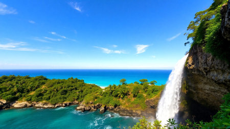 Beautiful waterfall by the ocean. Panoramaの写真素材