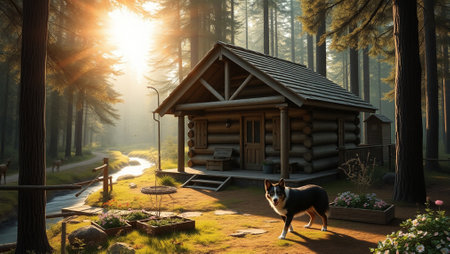 Cottage in the forest with a dog on the background of the sunの写真素材