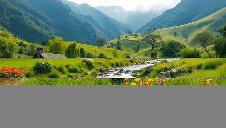 beautiful landscape with a small river and a farmhouse in the countryside